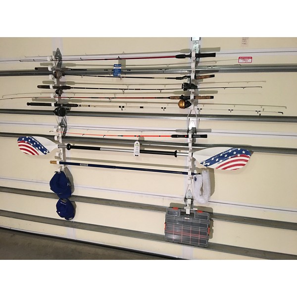 Fourth Wall Solutions Storage Rack for Garage Doors with Hooks for Fishing Rods, Kayak Paddles and More
