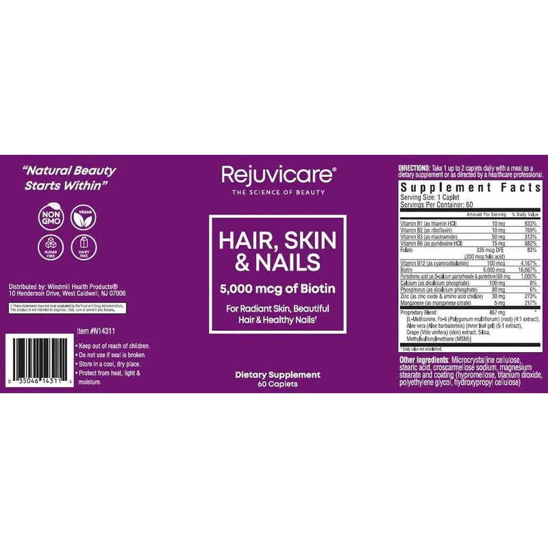Biotina 5000 Mcg 60 Caps Rejuvicare Cabello Piel Y Uñas