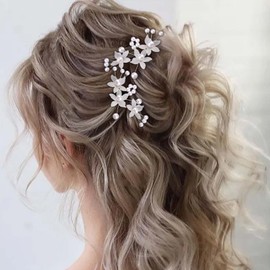 Cimenexe Bohemian Pearl Wedding Hair Pin Barrette Pearl Flower Hairpins Bride Bridesmaid Hairpin Silver U Shape Headwear Bridal Decorative Flower Hair Accessories Jewelry for Women and Girls Birthday