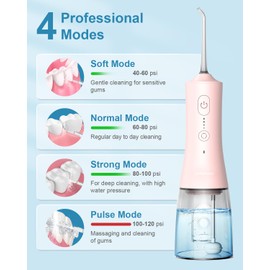 Operan Water Flosser for Teeth Cleaning Upgraded 300ml Cordless Water Dental Flossers Rechargeable Oral Irrigator with 4 Modes 4 Jet Tips IPX7 Waterproof Water Floss for Home Travel (Pink)+1Pack