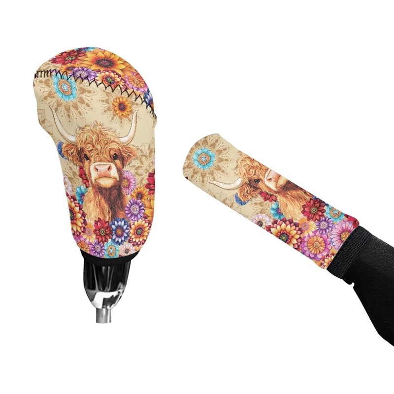 Bulopur Highland Cow Car Handbrake Cover with Gear Shift Knob