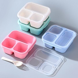 CIGENBON Bento Snack Boxes 4 Pack, Wheat Bento Boxes with 3 Compartments & Utensils, Lunch Snack Containers for Kids Adults, Divided Food Storage Containers, Microwave & Dishwasher Safe