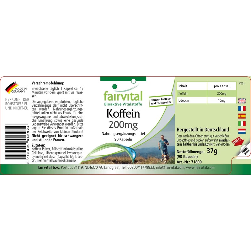 Fairvital | Koffein 200mg - 90 Kapseln - HOCHDOSIERT -
