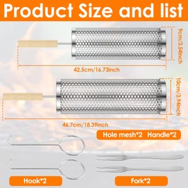 2Pcs Rolling Grill Baskets with Wood Handle Stainless Steel Nesting Grilling Basket with Fork Hook Large Capacity Rolling Grill Net Basket Easy to Store BBQ Net Tube Grill Basket for BBQ Cooking