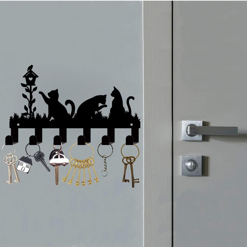 CREATCABIN Black Cats Key Holder for Wall Key Hanger Metal