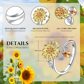 LIAN Fidget Anxiety Rings for Women Sunflower Adjustable Open Spinner Ring Fidget Ring Cubic Zirconia Flower Bee Anxiety Stackable Ring Rotatable Calming Worry Meditation Ring