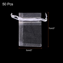 MECCANIXITY 50pcs Organza Bags 2x3 Inch Drawstring Favor Pouches Sheer Mesh Bag for Gift Jewelry Wedding Party Christmas Candy White