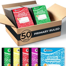 Rosmonde Composition Notebooks Primary Ruled 50 Pack, 200 Pages (100 Sheets), Color Marble Composition Notebook, Sewn Binding Hard Cover, Bulk Primary Composition Notebook, Writing Dotted Lined