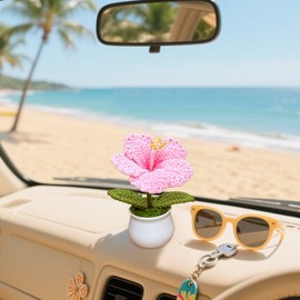 Rimvoe Crochet Hibiscus Flower Pot for Car Dashboard or Home Decor, Handmade Knitted Hawaiian Flower Pot (Pink)