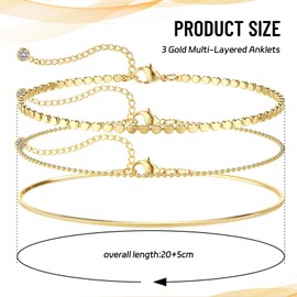 CharmBurst Pack of 3 Glitter Waterproof Adjustable Anklets, Gold Plated Layer Anklets, Summer Beach Foot Jewellery, Women's Anklets, Decorative Link Chain, L