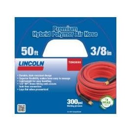 Lincoln 72H3850 50' x 3/8" ID Air/Water Hybrid Polymer Replacement Hose for 83753 Reel, 1/4" NPT Male Leak-free Brass Fittings, Kink Resistant, Meets PFAS-Free Regulations, UV Protective, Red/Black