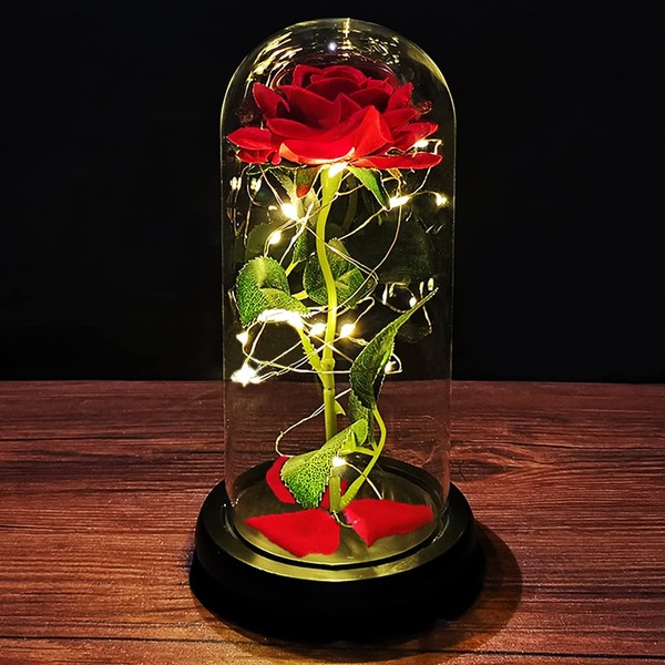 Beauty and the Beast Rose Gift Kit Gifts for Valentine's Day Eternal Rose in Glass with LED Light in Glass Dome Birthday Gift for Women Gifts for Mum Girlfriend Mother's Day Anniversary