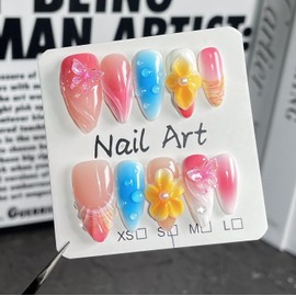Luxury Press on Nails Medium Almond Handmade 3D Unique Reusable ABS Material Fake Nails Pink&Blue False Nails with Designs Butterfly Yellow Flower Art Petal Glossy Glue on Nails Thick Acrylic Nail