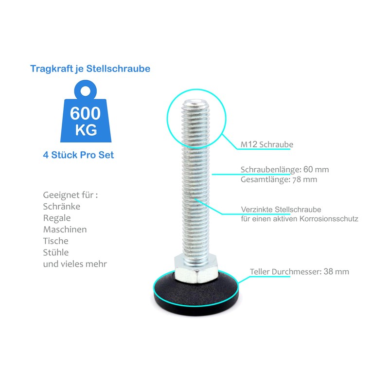 Design61 4 x Adjustment Screw Diameter 38 mm Plate M12