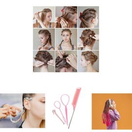 4 Piece Hair Braiding Tool Kit Professional Hair Styling Set for Perfect Braids, Includes Hook, Comb, Clips, and Accessories Ideal for Beginners and Expert (Pink)