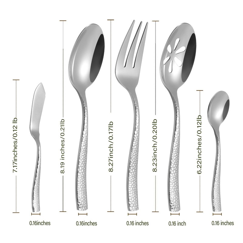 Kelenfer Stainless Steel Silverware Serving Set Hammered Silver Mirror Finished