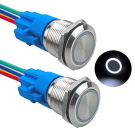 Aiqeer 2 Pcs 19 mm Momentary Push Button Switch, 12V / 24V 5A Car Ignition Starter Switch, IP67 Waterproof Stainless Steel Push Button Switch, with Pre-Wired Socket (White LED)