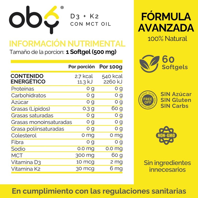 OBY Vitamina D3 K2 con MCT Oil | 60 Cápsulas