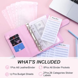MATHARAGO A6 PU Leather Binder Budget Planner Organizer 6 Ring Binder Cover, 8Pcs Binder Pockets, 12Pcs Expense Budget Sheets & 2Pcs Categories Sticker Labels, Money Saving Binders for Budgeting(Pink)