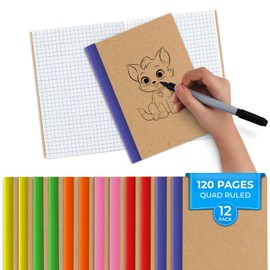 Rosmonde 12 Pack Graph Paper Notebook, No Bleed, Extra Pages - 120 Pages (60 Sheets), Softcover Kraft Journal for Kids, A5-8 x 5.7, Graph Composition Notebook, Quad Ruled Notebook, Grid Notebook
