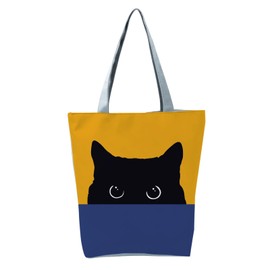 YasYouRi Women's Tote Bag, Cat Pattern, Zippered, Easy to Hold A4 Envelopes, Shoulder Bag, Training, Shopping, Eco Bag, PC, Tablet,, Yellow x Navy