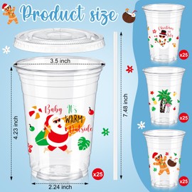 Qinyoung 100 Pcs 12oz Christmas in July Disposable Plastic Cups with Lids and Straws Christmas in Summer Hawaiian Outside Clear Cups for Summer Pool July Party Decoration Favors