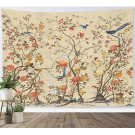 LB Vintage Flowers Wall Towel Bird on Flower Tree Wall Hanging Retro Aesthetic Tapestry for Living Room Bedroom Dorm Wall Decoration 235 x 180 cm