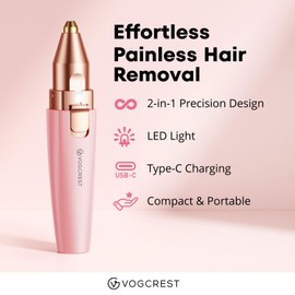 VG VOGCREST Eyebrow Facial Trimmer: 2 in1 Rechargeable Facial Hair Removal and Eyebrow Shaver - Face Lips Body Painless Facial Razor with Built-in LED Light (Pink)