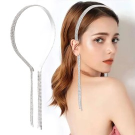 AHONEY Silver Rhinestone Headband Wide Hairband Head Chain Tassels Wedding Crystal Metal Headpiece Hair Accessories for Women