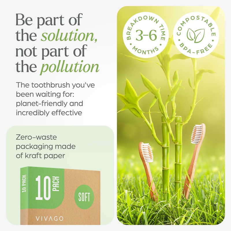 VIVAGO Bamboo Toothbrushes 10 Pack - BPA Free Soft Bristles