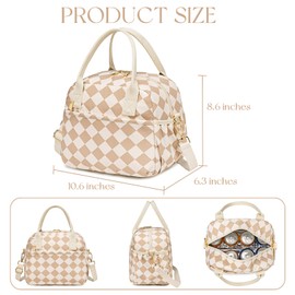 CAMTOP Lunch Box for Women Insulated Lunch Bag Lunchbox Cooler Thermal Leakproof Quilted Reusable Lunch Tote Bag for Work School Travel Picnic (Brown-White Check)