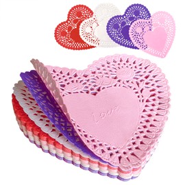 PheiLa Valentines Day Heart Doilies 200 Pack 4 Inch Heart-Shaped Cutouts Lace Paper Doilies for DIY Crafts, Valentine's Day Mother's Day Wedding Supplies, Red Pink White Purple
