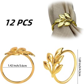 Flycppo Napkin Rings Gold, Pack of 12 Universal Metal Leaves Napkin Buckles Napkin Holder for Birthday, Wedding Party, Dinner, Anniversary, Family Reunion, Table Decoration