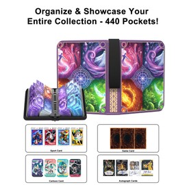 KWRNVO Card binder 4 Pocket, Trading Card Binder Hold 440 Cards With 55 Removable Sleeves, Portable Card Book Album with Zipper for Christmas Gifts