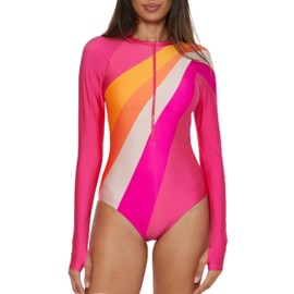 Trina Turk Women's Standard Paddle One Piece Swimsuit, Rash Guard, UV Protection, Zip Front, Long Sleeve, Bathing Suits, Sunburst (Multicolor), Medium