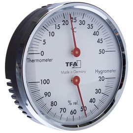 TFA Dostmann 45.2041.42 Analogue Thermo-Hygrometer with Metal Ring for Temperature and Humidity Control, Silver, L120 x W29 x H235 mm