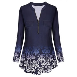 Tanst Sky 3/4 Length Sleeve Tops for Women Fall Fashion 2024 Dressy Long Sleeve V Neck Work Shirts Business Casual Clothes Flowy Tunic or Tops to Wear with Leggings Blue Floral S