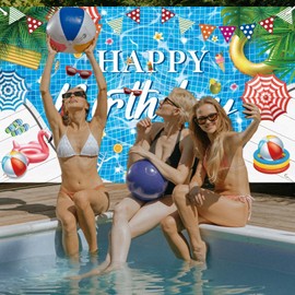 Pool Party Decorations Large Pool Happy Birthday Party Backdrop Banner Photo Booth Background Sign for Pool Party Supplies,Summer Party Decorations,Swimming Pool Party Decorations,Hawaiian Theme Party