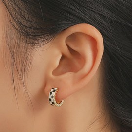 Checkered Chunky Hoop Earrings for Women Girls Gold Silver Enamel Small Hoops Earrings Dainty Jewellery Valentine's Day Gifts