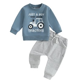 Toddler Baby Boy Fall Winter Outfit Clothes Set Infant Boys Tracksuit 2PC Casual Long Sleeve Sweatshirt Pullover Tops Tractor Graphic + Elastic Waist Pants With Pockets Trouser (Blue, 12-18 Months)