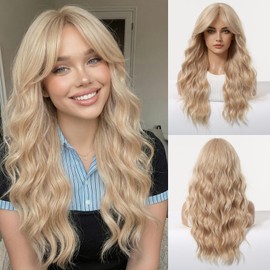 Osicapea Blonde Wigs with Bangs for Women, Natural Wavy Curly Hair Woman Heat Resistant Synthetic Wig 22 Inch Long Wig for Women's Cosplay Costume Party Daily Use