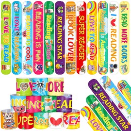 YYMYMGJ 48 Pcs Reading Book Love to Read Slap Bracelets Party Favors, Book Wristbands Bracelets Goodie Bag Fillers for Reading Book Birthday Party Decorations Supplies for Kids Classroom Rewards