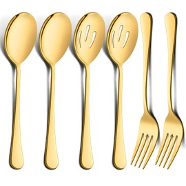 LIANYU 2 Large Gold Serving Spoons, 2 Gold Slotted Serving Spoons, 2 Gold Serving Forks, 9.8 Inch Stainless Steel Buffet Catering Party Banquet Serving Spoons Forks Set, Dishwasher Safe