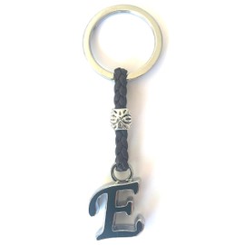 Personalisierter Leder-Schlüsselanhänger mit Initialen - Versilberte Zamak-Buchstaben und Perlen - Schlüsselanhänger für Männer oder Frauen - Ideal zum Verschenken (E)