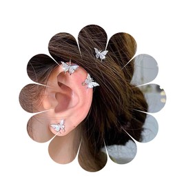 Yheakne Butterfly Cuff Wrap Earrings, Gold, Butterfly Ear Climber, Small Crystal Stud Earrings, Rhinestone Helix Cuff Earrings, Jewelry for Women and Girls (Gold), Alloy Steel Silver