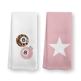 TopXmai Pink Trendy Lucky 8 Ball Star Kitchen Towels Set of 2, Funky Leopard Dish Tea Towels for Kitchen Decor, Retro Y2K Aesthetic Hand Towels for Bathroom Decor, 16x24 Inch