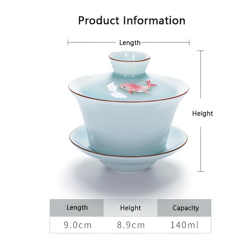 Hormsdar Yixing Handmade Celadon Colorful Koi Fish Gaiwan,Chinese Gongfu Tea