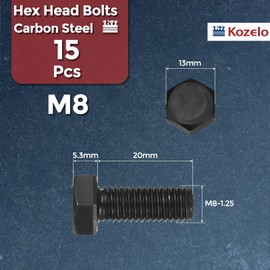 Kozelo 15 Pcs Hex Head Screws Bolts - [M8-1.25x20] Carbon Steel Grade 10.9 Fully Threaded Hex Tap Metric Hexagon Head Machine Bolts Right Hand External Hex Drive, Black