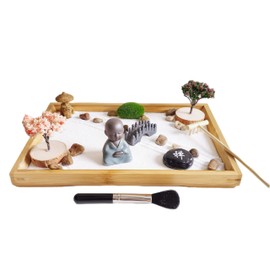 ZEN&TAO Japanese Zen Garden, 28x19x2.8cm Large Bamboo Tray, with Bridge, Tree, Moss, Stones, Lantern and Sand Toolset, Office and Home Desk Accessories, for Meditation, Relaxation or Gift.