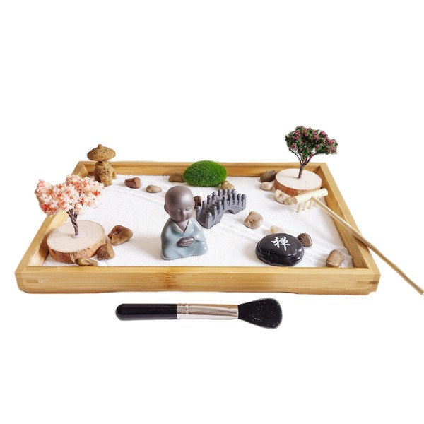 ZEN&TAO Japanese Zen Garden, 28x19x2.8cm Large Bamboo Tray, with Bridge,